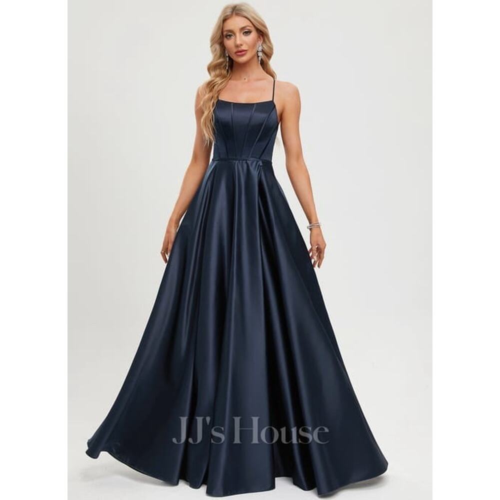 J J House A-line Scoop Floor-Length Satin Prom Dresses In Dark Navy Size 6